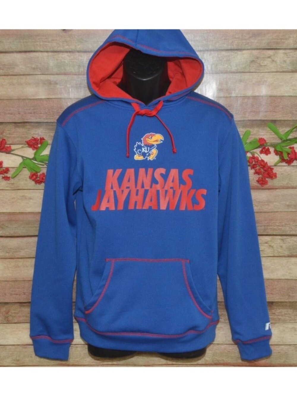 Kansas Jayhawks Hoodie Mens Small Russell Athletic KU Blue Red NCAA Pullover
